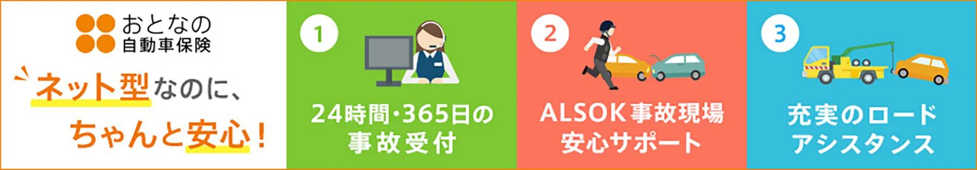 おとなの自動車保険ネット型なのに、ちゃんと安心24時間365日の事故受付ALSOK事故現場安心サポート充実のロードアシスタンス